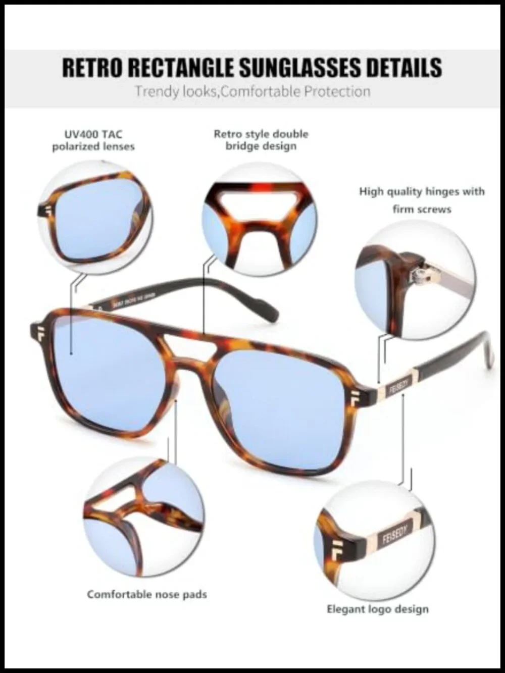 Retro Polarized Aviator Square Sunglasses for Women Men UV400 Double Bridge